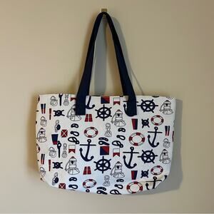 ✨Red/White/Blue Nautical Sailor Zipper Top Inner Pockets Tote Beach Bag 12x18x4”